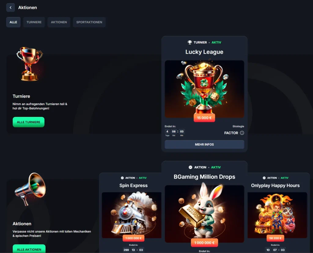 Beef Casino Aktionen und Turniere Bereich mit Lucky League und Bonus Promotionen