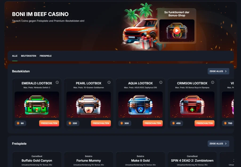 Beef Casino Bonus Shop mit Lootboxen und Freispiele Belohnungen