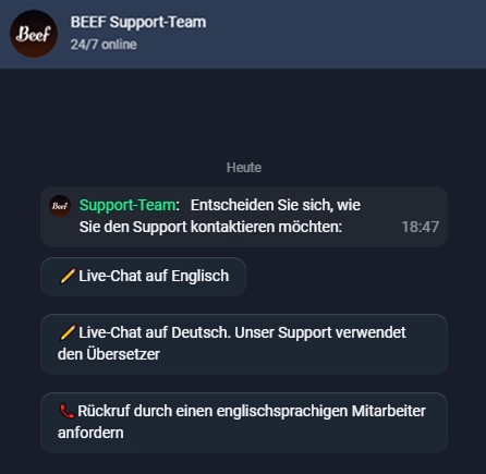 Beef Casino Support-Team mit Livechat auf Deutsch und Englisch
