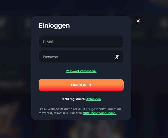 Beef Casino Login Formular mit Eingabe für E-Mail und Passwort
