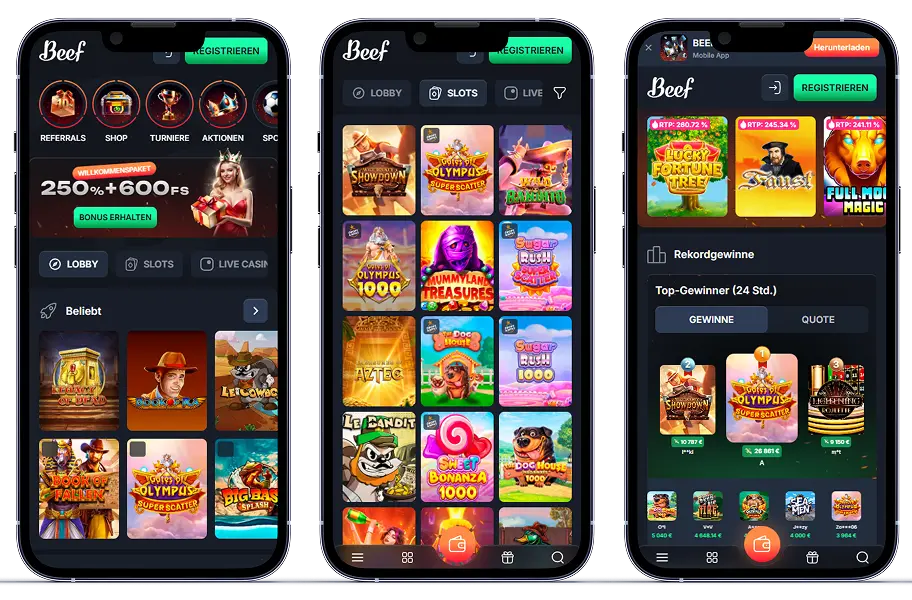 Beef Casino mobile Nutzung mit Spielen und Willkommensbonus