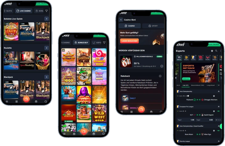 Beef Casino mobile Version mit Slots, Live Casino und Sportwetten auf Smartphone