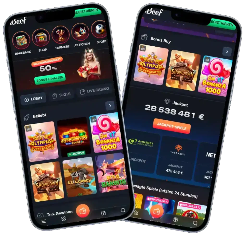 Beef Casino mobile Oberfläche mit Slots, Bonusangeboten und Jackpot Spielen