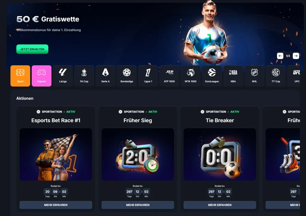 Beef Casino Sportwetten Bereich mit 50 € Gratiswette und Sportarten Auswahl