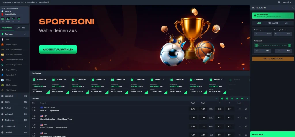 Beef Casino Sportwetten Bereich mit Sportbonus und Wettoptionen