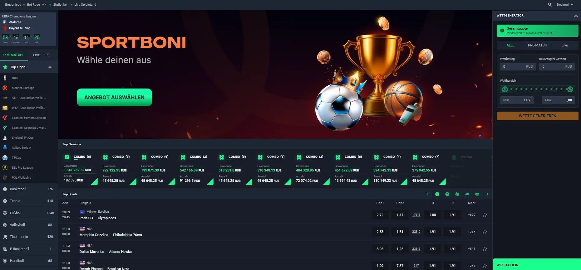 Beef Casino Sportwetten Bereich mit Sportbonus und Wettoptionen