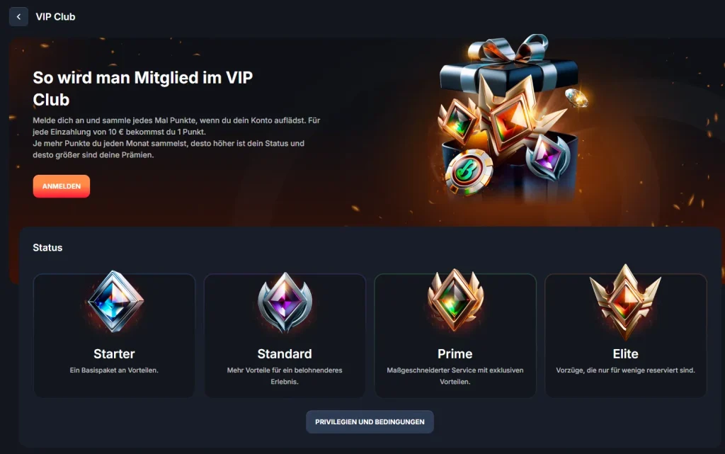 Beef Casino VIP Club mit Status Level Starter Standard Prime und Elite